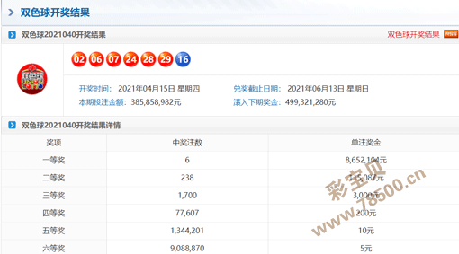 双色球开奖结果