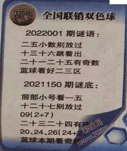 2022001期双色球全国联销图最新图谜字迷