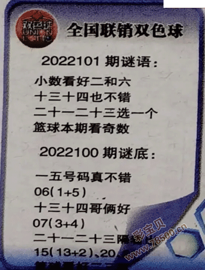 2022101期双色球全国联销图最新图谜字迷