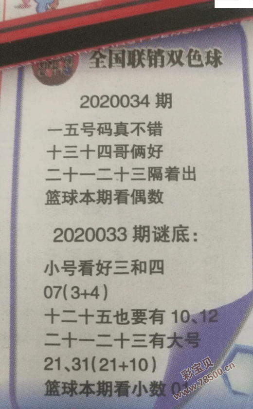 2020034期双色球联销图最新字迷