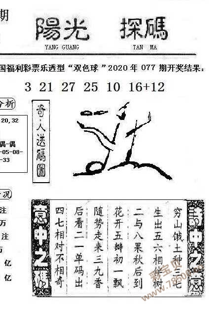 雙色球2020078期陽光探碼圖文版 最新彩民樂