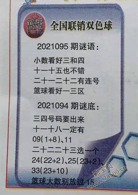 2021095期雙色球全國聯銷圖最新圖謎字迷