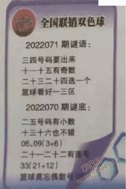 2022071期双色球全国联销图最新图谜字迷